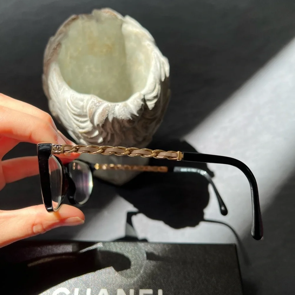 CHANEL 3221-Q Beige Leather Glasses Frames Chain Link EUC Italy Emma Watson